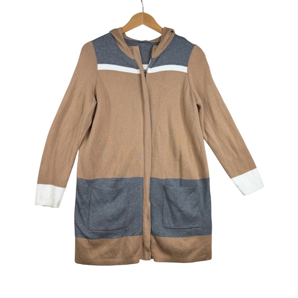 Chico's Zenergy Color Block Hooded Full Zip Long Sweater size 1 (US Medium) Tan